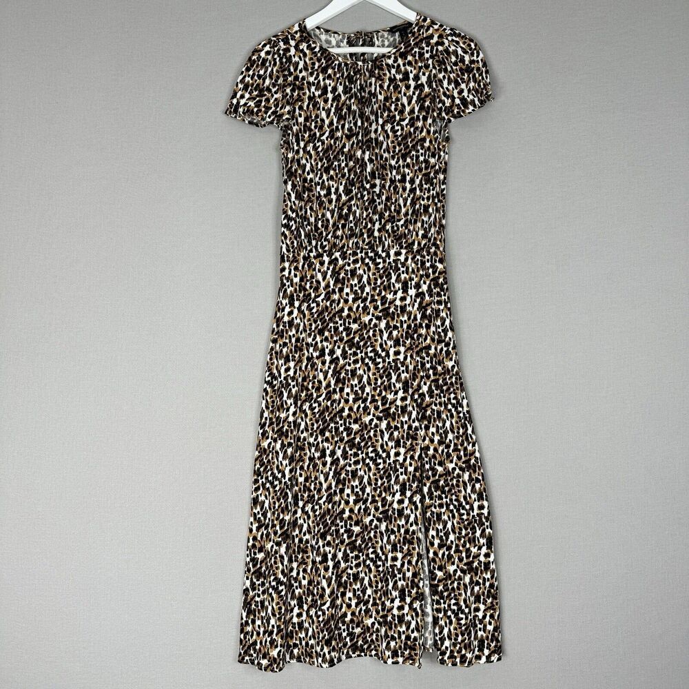 Banana Republic Womens Dress Small Tall Brown Cheetah Midi Flutter Slip Y2K 90s